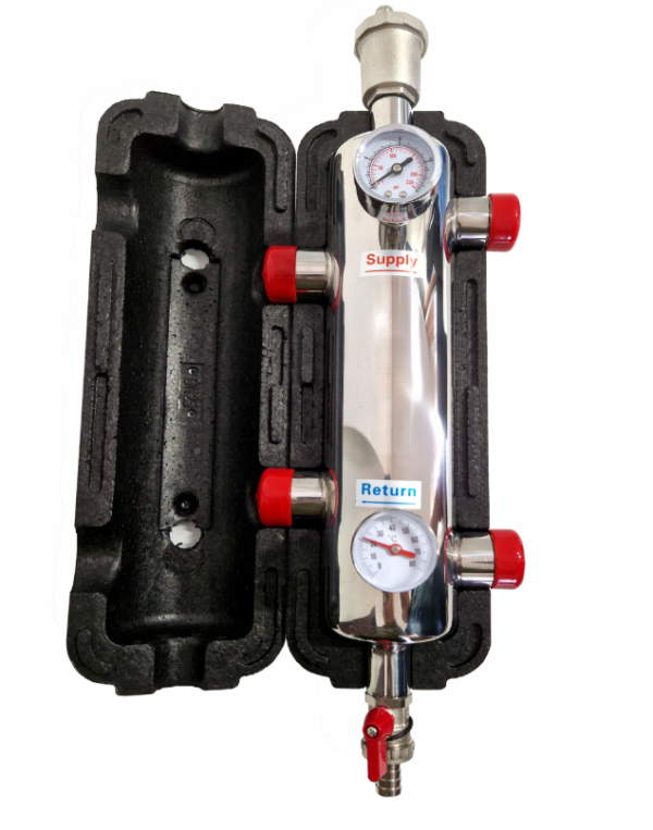 LOW-LOSS HEADER HYDRAULIC BALANCER 4 x 1" 55kW with guages Heat Pumps 15 kW